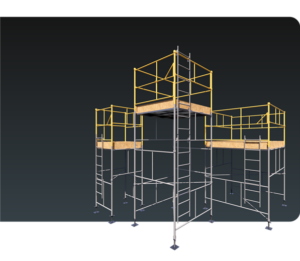 Andaime Tubular NR-18 MONTEEUSE - Segurança em altura para manutenção industrial ou construção civil, garantindo acesso seguro pelas escadas e guarda-corpos com portinhola de acesso ao piso antiderrapante e forração completa. Possui rodapés, diagonais e ligações de base. Pode ser apoiado com sapatas ajustáveis ou rodízios para movimentação segura da estrutura. Totalmente normatizado, com ART de fabricação, Memorial de cálculo e Manual de montagem.