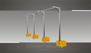 Conjunto de Postes Linha de Vida Monteeuse - Segurança em Altura nas atividades de Manutenção, Inspeção de cargas e Enlonamento de veículos e caminhões, com atendimento total a NR35, permitindo a Ancoragem do Cinto de segurança no Trava-quedas. Trabalho seguro, com caixa contrapeso ou com flanges para chumbamento ao solo.