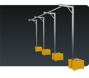 Conjunto de Postes Linha de Vida Monteeuse - Segurança em Altura nas atividades de Manutenção, Inspeção de cargas e Enlonamento de veículos e caminhões, com atendimento total a NR35, permitindo a Ancoragem do Cinto de segurança no Trava-quedas. Trabalho seguro, com caixa contrapeso ou com flanges para chumbamento ao solo.