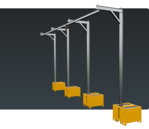 Conjunto de Postes Linha de Vida Monteeuse - Segurança em Altura nas atividades de Manutenção, Inspeção de cargas e Enlonamento de veículos e caminhões, com atendimento total a NR35, permitindo a Ancoragem do Cinto de segurança no Trava-quedas. Trabalho seguro, com caixa contrapeso ou com flanges para chumbamento ao solo.