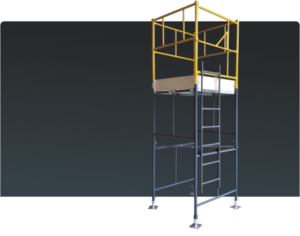 Andaime Tubular NR-18 MONTEEUSE - Segurança em altura para manutenção industrial ou construção civil, garantindo acesso seguro pelas escadas e guarda-corpos com portinhola de acesso ao piso antiderrapante e forração completa. Possui rodapés, diagonais e ligações de base. Pode ser apoiado com sapatas ajustáveis ou rodízios para movimentação segura da estrutura. Totalmente normatizado, com ART de fabricação, Memorial de cálculo e Manual de montagem.
