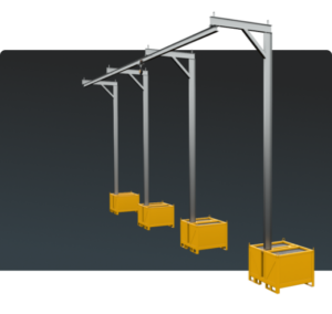Conjunto de Postes Linha de Vida Monteeuse - Segurança em Altura nas atividades de Manutenção, Inspeção de cargas e Enlonamento de veículos e caminhões, com atendimento total a NR35, permitindo a Ancoragem do Cinto de segurança no Trava-quedas. Trabalho seguro, com caixa contrapeso ou com flanges para chumbamento ao solo.