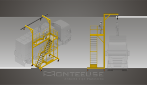Plataforma Linha de Vida Móvel Monteeuse - Com contrapeso para estabilidade da estrutura. Segurança em Altura nas atividades de Manutenção, Inspeção de cargas e Enlonamento de veículos e caminhões, com atendimento total a NR35, permitindo a Ancoragem do Cinto de segurança no Trava-quedas. Trabalho seguro, estrutura móvel com Rodízios robustos e de qualidade.