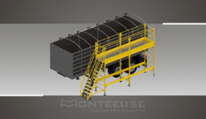 Andaime Plataforma com Escada Angulada Original MONTEEUSE PI0702779-6 Produto patenteado - Segurança em altura para manutenção industrial ou construção civil, garantindo acesso seguro pela escada incorporada, Guarda-corpos e Rodapés conforme NR-18, conjunto de piso antiderrapante e forração completa, com alçapão de acesso seguro. Pode ser apoiado com sapatas ajustáveis ou rodízios para movimentação segura da estrutura. Totalmente normatizado, com ART de fabricação recolhida junto ao CREA, Memorial de cálculo, Manual de montagem, Checklist de montagem, Projeto de montagem e Treinamento tipo seminário online com certificados nominais a cada participante. Destaque nas maiores indústrias do Brasil, tendo como clientes a VALE, CSN, Usiminas, Petrobrás, GERDAU, CEMIG, Raízen, JBS SEARA, Marfrig, Usaçucar, Bunge, ADM do Brasil, Syngenta, SENAI, Cofco, Hydro Alunorte, entre outros.